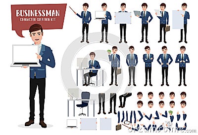 Businessman character creation kit vector set. Business man characters for office sales presentation editable create. Vector Illustration