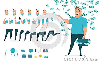 Businessman character creation set for animation. Parts body template. Different emotions, poses and running, walking, standing Vector Illustration