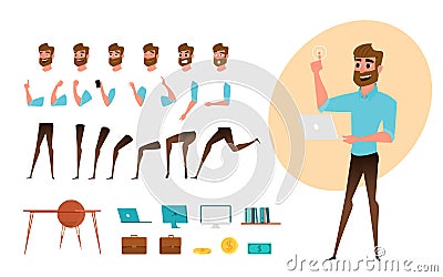 Businessman character creation set for animation. Parts body template. Different emotions, poses and running, walking, standing Vector Illustration