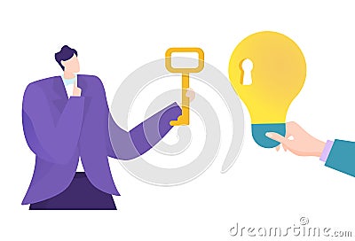 Businessman character hold golden key to unlock idea light bulb, creative brainstorm flat vector illustration, isolated Vector Illustration