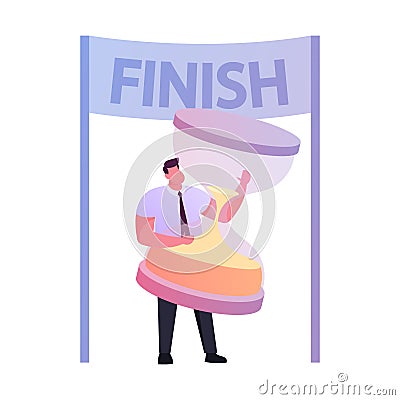 Businessman Character Hold Huge Hourglass Stand in Finish Line. Deadline, Business Process, Goal Achievement, Pareto Law Vector Illustration