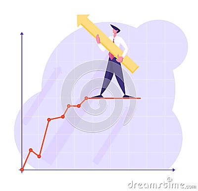 Businessman Character with Huge Arrow in Hands Stand on Top of Growing Business Chart Curve Line on Coordinate System Vector Illustration