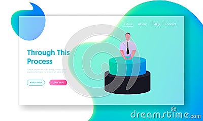 Businessman Character Push Huge Button Landing Page Template. Launching Business Project Startup. Strategy Realization Vector Illustration