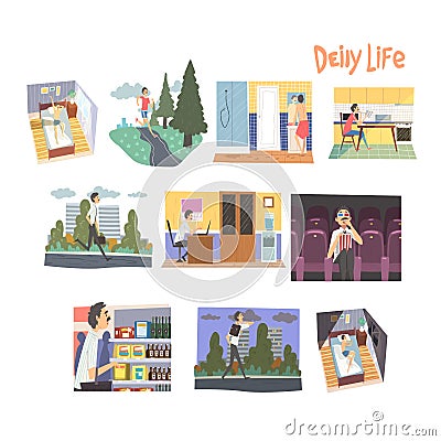 Businessman Character Daily Routine Set, Man Waking Up, Running, Having Breakfast, Going to the Work, Shopping Vector Vector Illustration