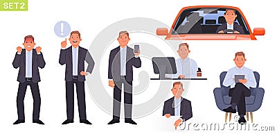 Businessman character set. Man manager in different positions and situations. Person is angry, points to something Cartoon Illustration