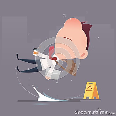 Businessman character slipped on a water puddle. Vector Illustration