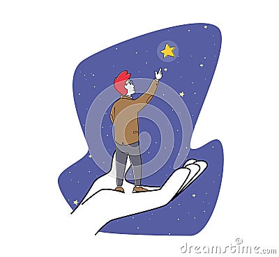 Businessman Character Stand on Huge Human Hand Sparkling Take Star from Sky. Career Help, Assistance, Follow Dream Vector Illustration