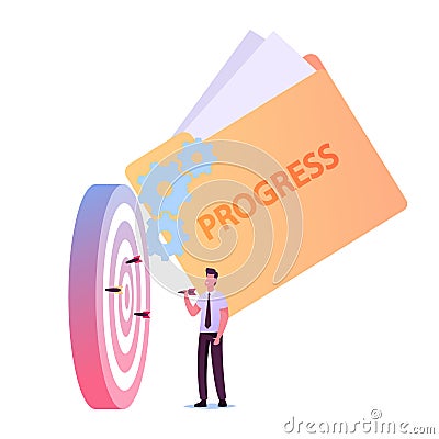 Businessman Character Throw Darts to Target Center. Performance Management, Business Strategy, Goal Achievement Mission Vector Illustration
