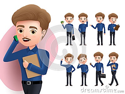 Businessman character vector set. Business man characters calling mobile phone, signing, thinking, walking and standing. Vector Illustration