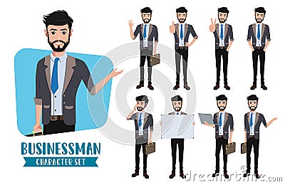 Businessman character vector set. Business man characters corporate sales presentation pose and gestures set like talking. Vector Illustration