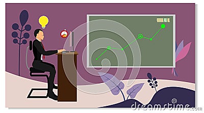 Businessman characters with ideas and time limits are sitting working in front of a computer screen. displays the progress chart Vector Illustration