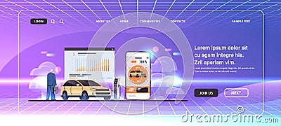 businessman charging electric car in mobile app battery vehicle at recharging power station charger EV management Vector Illustration