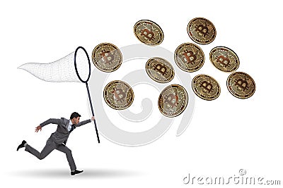 Businessman chasing bitcoins in cryptocurrency concept Stock Photo