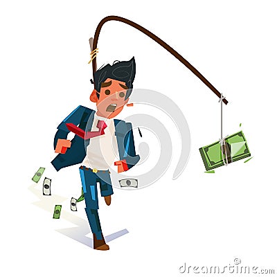 Businessman chasing for money. money trap concept. work hard for Vector Illustration