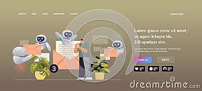 businessman with chatbots sending or receiving letters on smartphone email inbox message notification new unread mail Vector Illustration