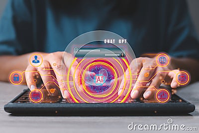 Businessman chatting and typing on computer keyboard with virtual artificial intelligence with chatbot communicate and interact Stock Photo