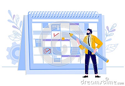 Businessman check calendar. Man with pencil planning work events at planner, business worker day plan, and event Vector Illustration