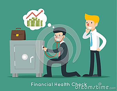 Businessman check financial or money health with stethoscope. Vector business concept Vector Illustration