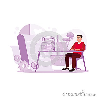 A businessman checking and calculating invoice documents using a laptop. Accounting concepts. Vector Illustration