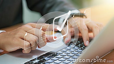 Businessman checking Document Management System (DMS) and approve. Streamline online docs, enhance file control & workflow Stock Photo