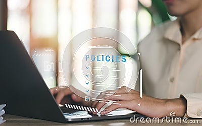 Businessman checking the steps through a virtual online document with a list of checkboxes Concepts of practices and policies, Stock Photo