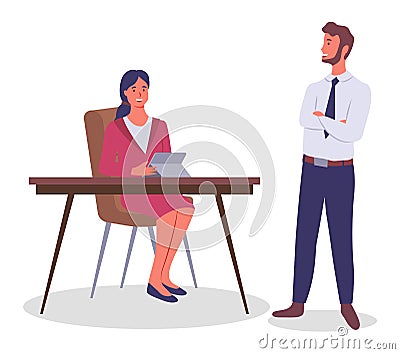 Businessman chief standing at a table with crossed hands listening to employee woman holding tablet Stock Photo