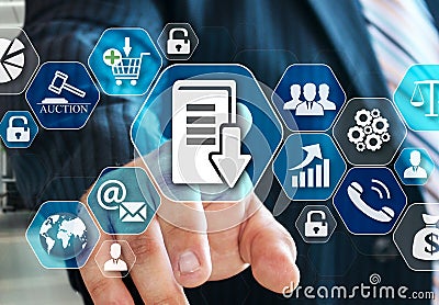 The businessman chooses Document management system, DSM on the virtual screen in social network connection Stock Photo