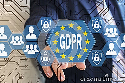 The businessman chooses the GDPR on the touch screen .General Data Protection Regulation concept Stock Photo