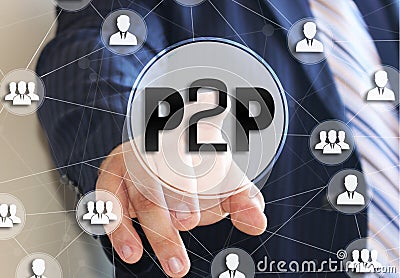 The businessman chooses the P2P, Peer to peer on a touch screen. Peer to peer lending concept Stock Photo