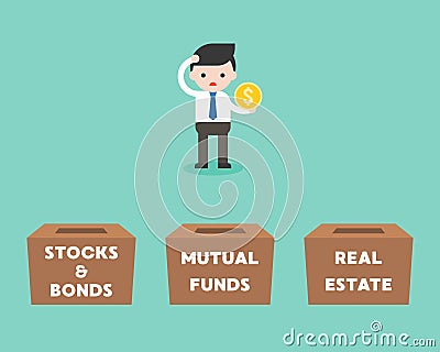 Businessman choosing box for investment between stock and bonds, mutual funds, real estate, business concept Vector Illustration