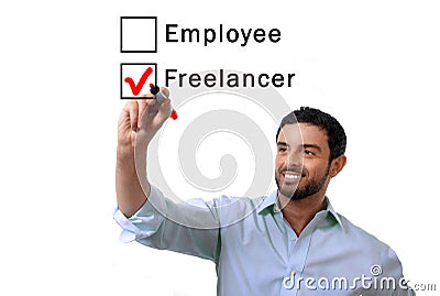 Businessman choosing freelancer to employee at formular ticking box with red marker Stock Photo