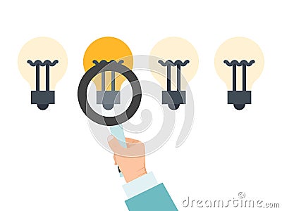 Businessman choosing idea bulb vector illustration. Business success choice right ideas. Man hand with magnifier chooses Vector Illustration