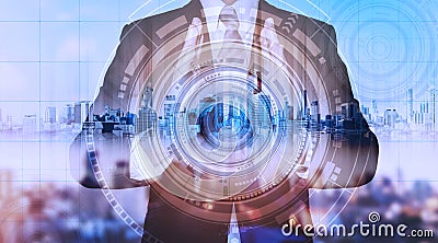 Businessman with city hologram and futuristic technology. futuristic creator business technology Stock Photo