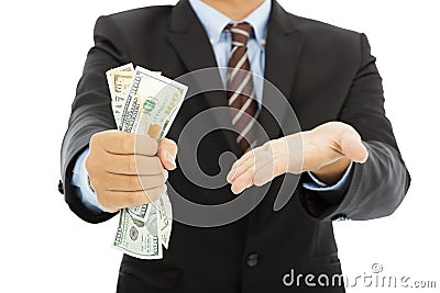 Businessman clench us dollars and gesture Stock Photo