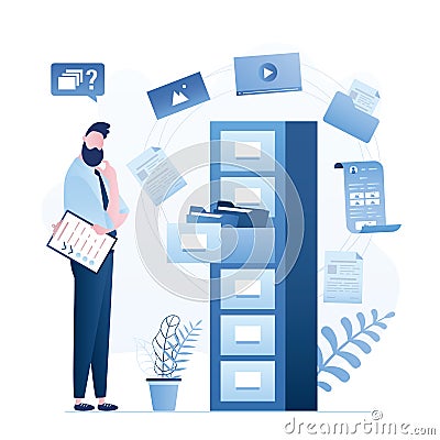 Businessman or clerk thinking. Large database, hosting system. File manager. Open drawer with folders Vector Illustration