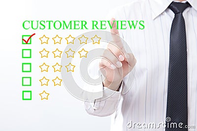 Businessman click concept CUSTOMER REVIEWS message, Five golden Stock Photo
