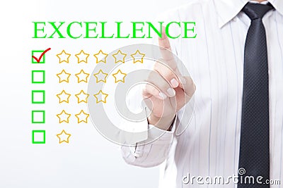 Businessman click concept EXCELLENCE message, Five golden stars. Stock Photo