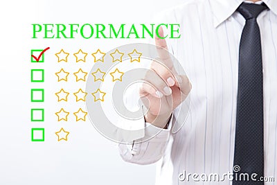 Businessman click concept performance message, Five golden star Stock Photo