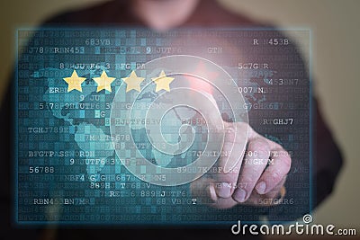 Businessman click on five red stars to increase rating. Review, increase rating or ranking, evaluation and classification concept Stock Photo