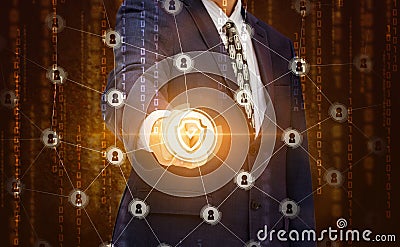 Businessman clicks on the button secure your network. Stock Photo
