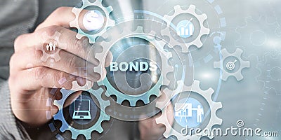 Businessman clicks inscription bonds. Bond Finance Banking Technology Gears concept Stock Photo