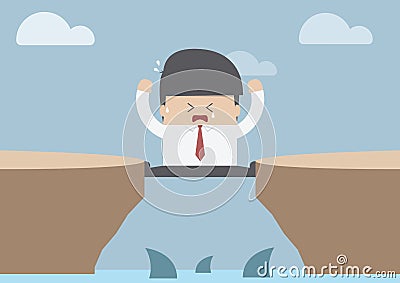 Businessman between the cliff with shark, Business crisis concept Vector Illustration