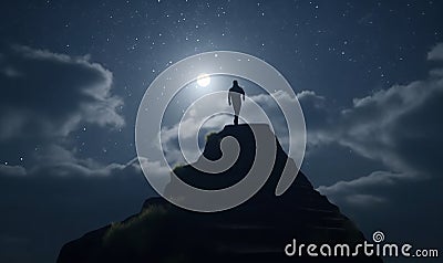 Businessman Climb the Hill Mountain Stairs to Business Success with Night Sky Stock Photo