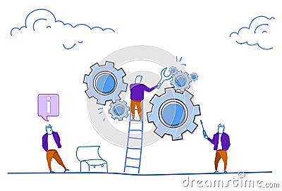 Businessman climb ladder engineer wrench control gear wheel processing mechanism support teamwork concept on horizontal Vector Illustration