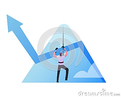 Businessman Climb Up on Mountain Top by Rope with Growing Arrow Chart, Business Man Aiming to Take New Career Height. Vector Illustration