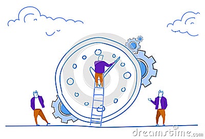 Businessman climbing ladder clock time management concept people set up time team working process horizontal sketch Vector Illustration