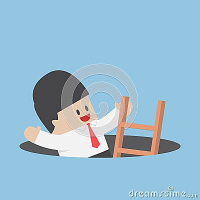 Businessman climbing a ladder out from a hole Vector Illustration