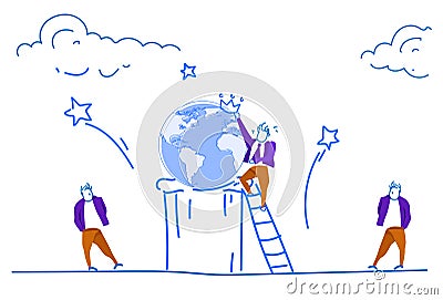 Businessman climbing ladder world map globe wearing crown people prepare earth day save the planet concept horizontal Vector Illustration