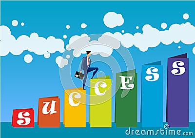 Businessman climbing ladders above cloud, finding leadership solutions corporate of success. Illustration flat style. Vector Illustration