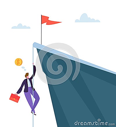 Businessman Climbing on Peak of Mountain. Business Character Trying to get Top. Goal Achievement, Leadership, Motivation Vector Illustration